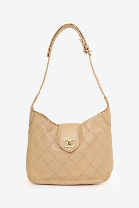 Pre-Loved Chanel? 1986-88 Beige Quilted Lambskin CC Hobo Shoulder Bag with Pouch