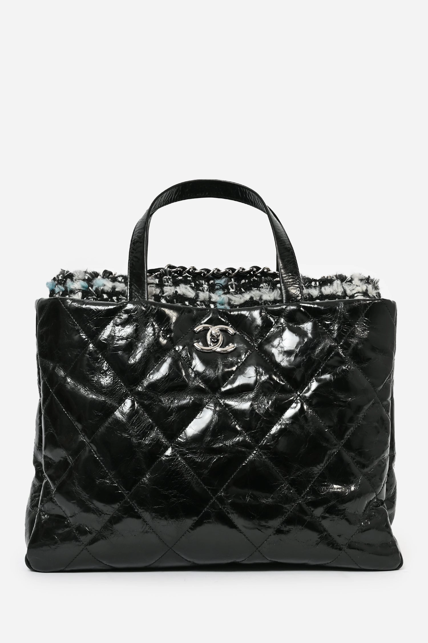 Pre-Loved Chanel? 2010/11 Black Glossy Calfskin Leather/Tweed Portobello Tote Bag