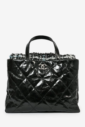 Pre-Loved Chanel? 2010/11 Black Glossy Calfskin Leather/Tweed Portobello Tote Bag
