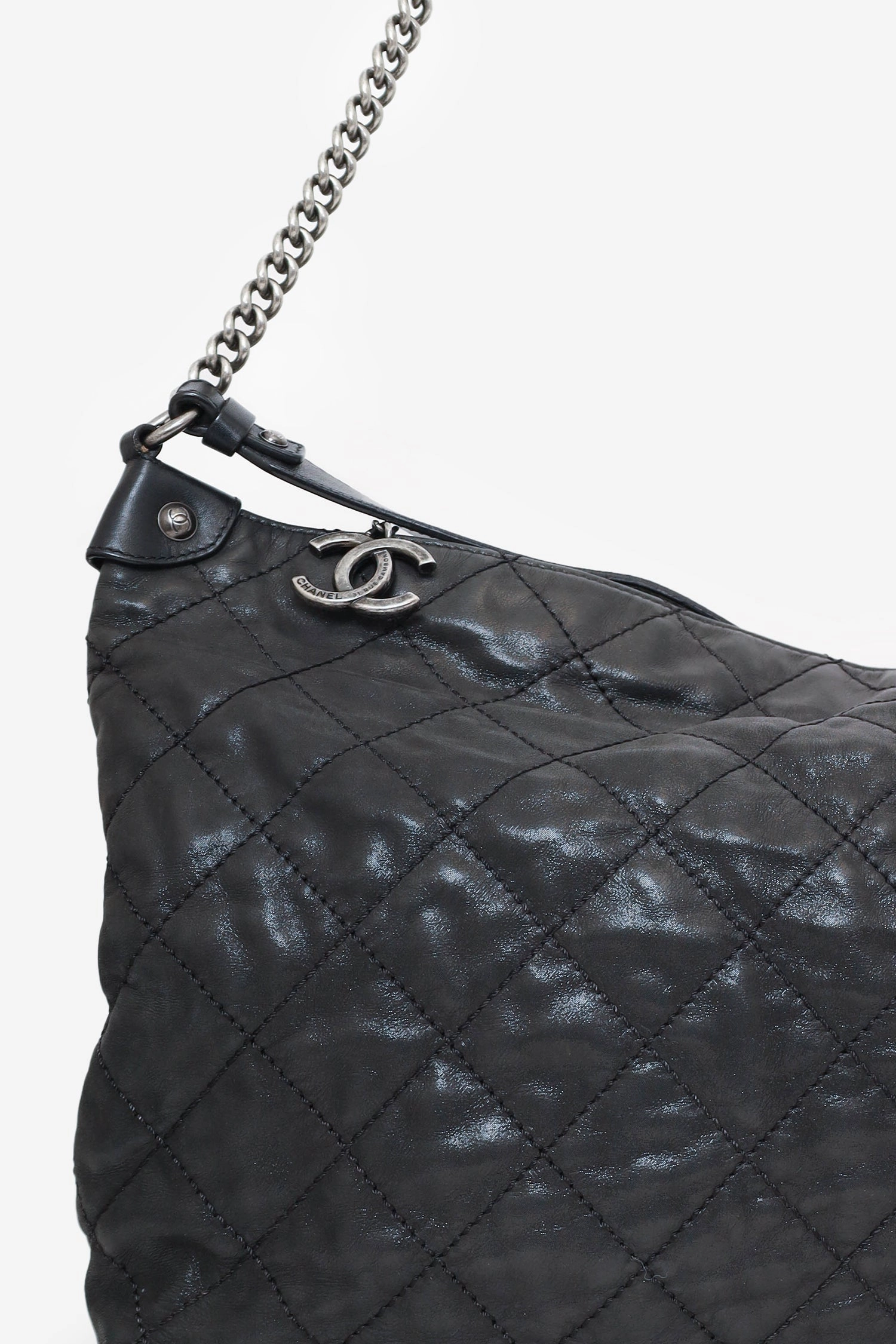 Pre-Loved Chanel? 2012 Black Irridescent Leather Coco Daily Hobo Shoulder Bag