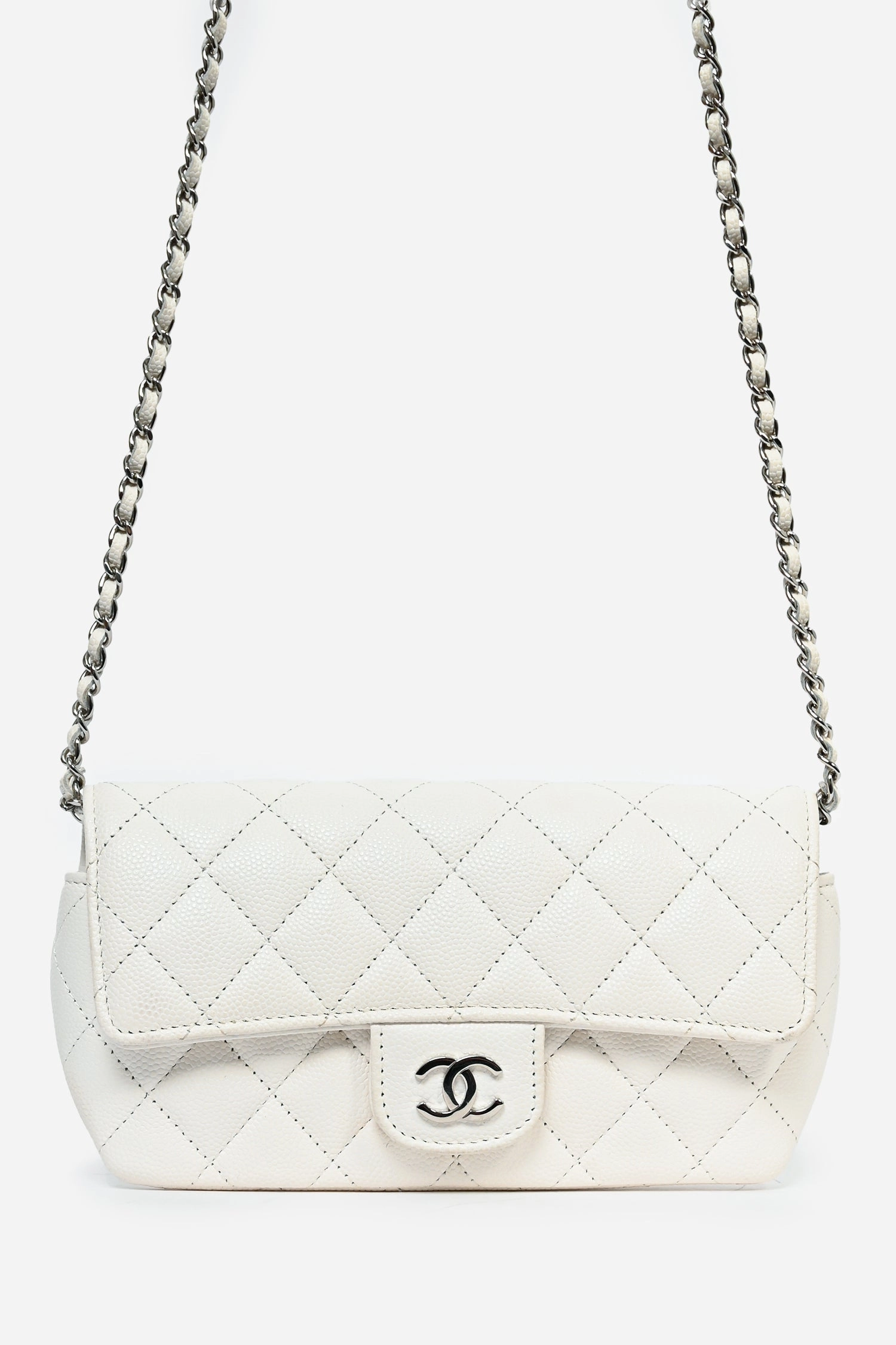 Pre-Loved Chanel? 2021 White Caviar Leather Sunglass Case with Chain SHW