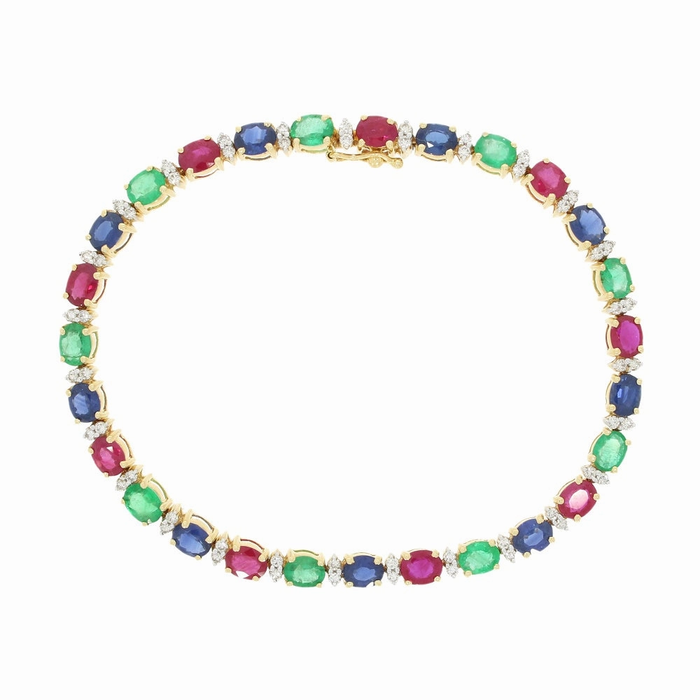 Pre Owned 18ct Yellow Gold Ruby Emerald Sapphire and Diamond Line Tennis Bracelet