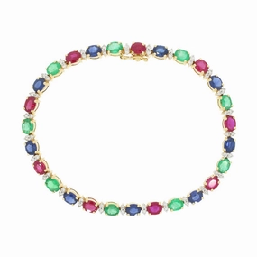 Pre Owned 18ct Yellow Gold Ruby Emerald Sapphire and Diamond Line Tennis Bracelet