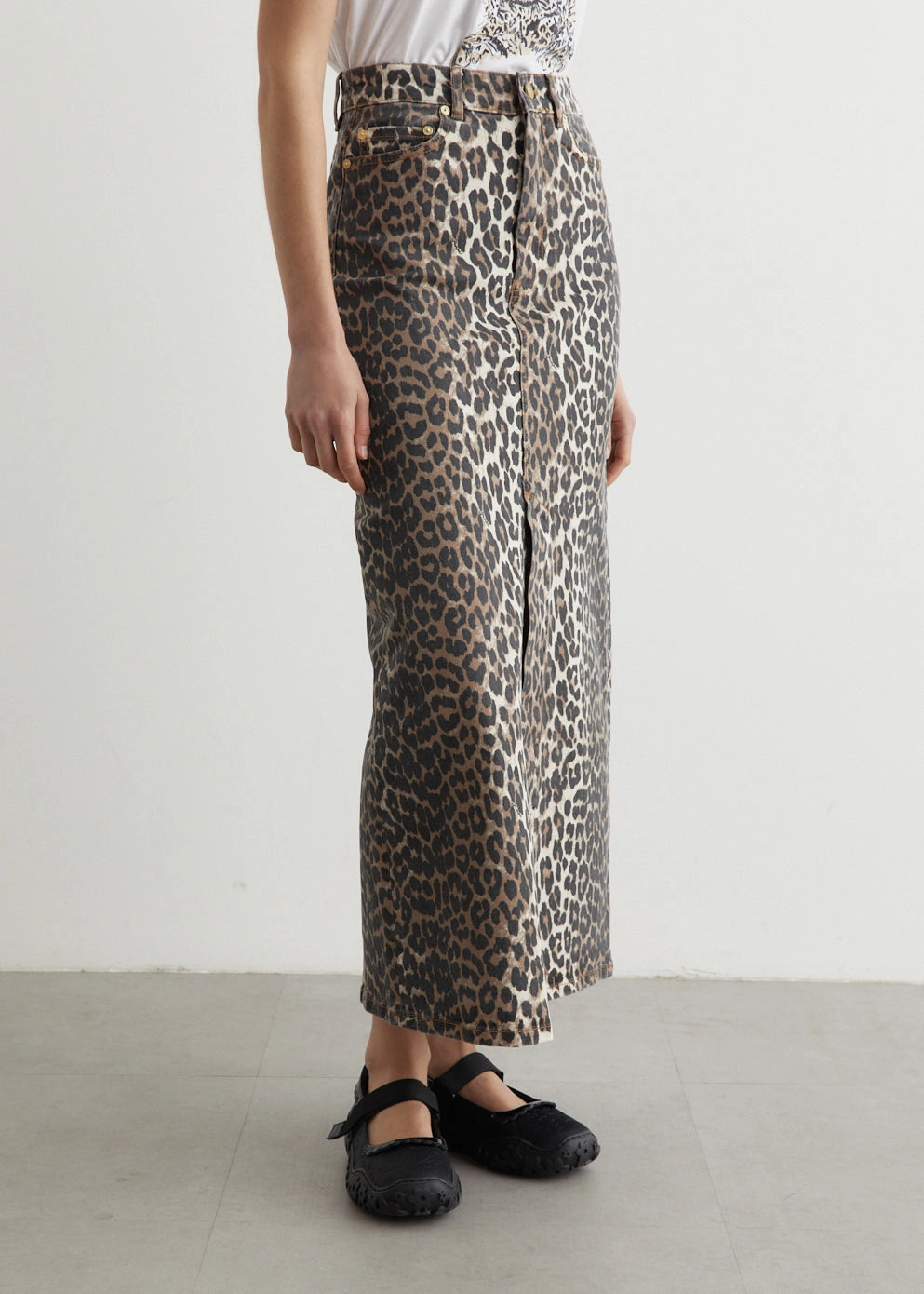 Print Denim Maxi Slit Skirt