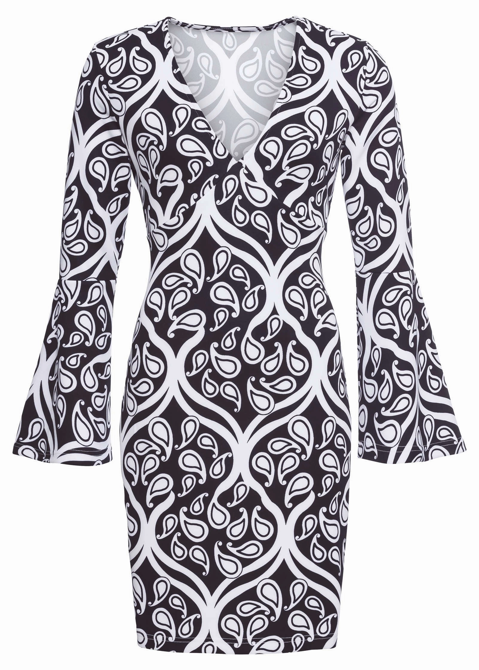 Printed V-Neck Dress - Black & White