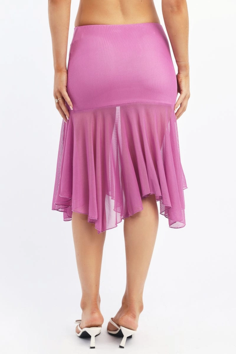Purple Midi Skirt Scarf Hem Asymmetric Mesh Lined