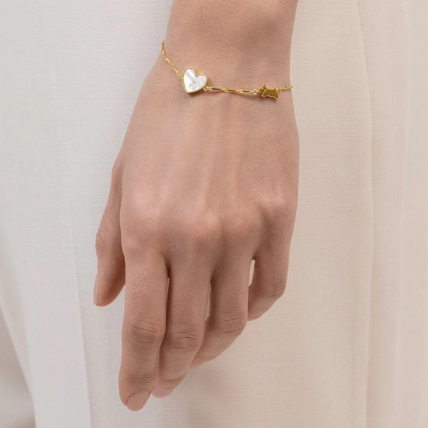 Radley Sterling Silver Mother Of Pearl Heart & Jumping Dog Bracelet RYJ3372 - 18ct Gold Plated