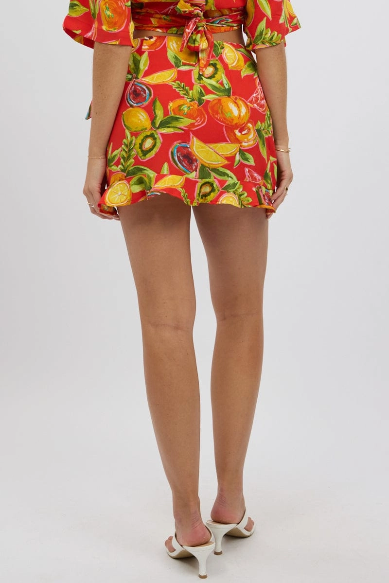 Red Abstract Wrap Skirt High Waisted Mini Ruffle
