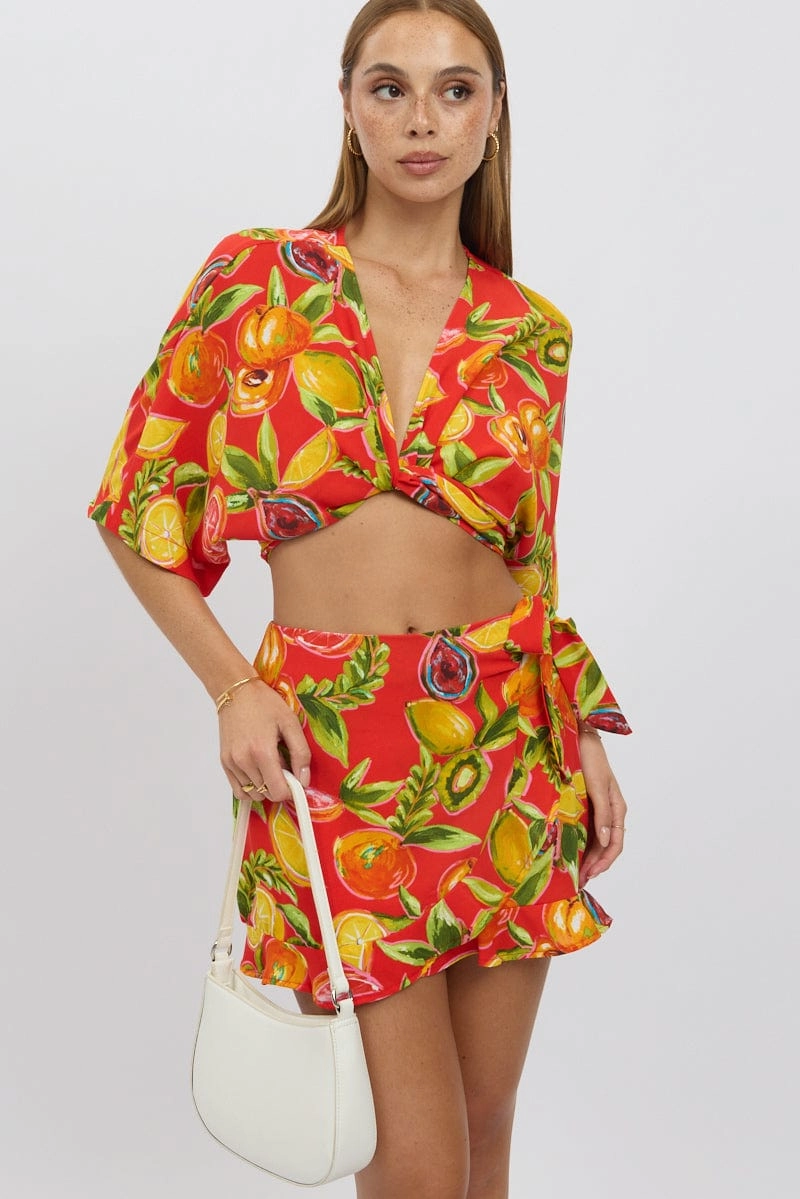 Red Abstract Wrap Skirt High Waisted Mini Ruffle