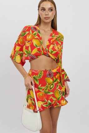 Red Abstract Wrap Skirt High Waisted Mini Ruffle