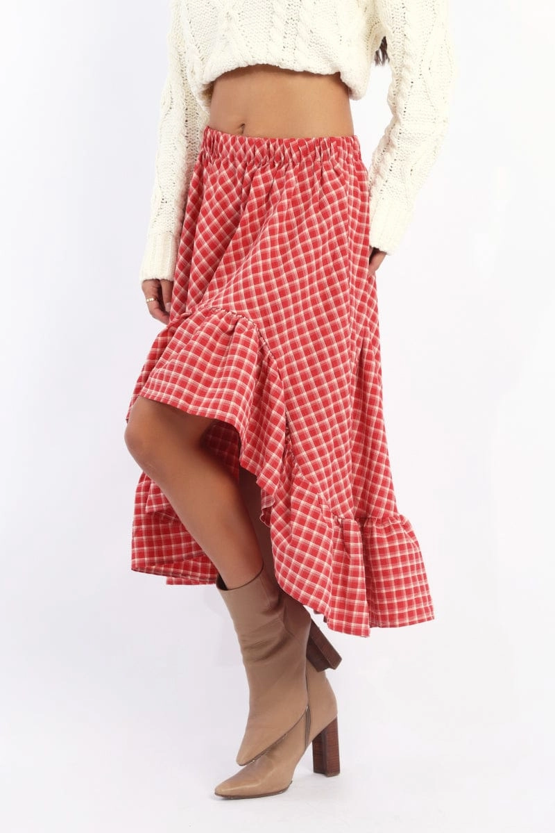 Red Check Asymmetric Midi Skirt Elastic Waist Frill Hem
