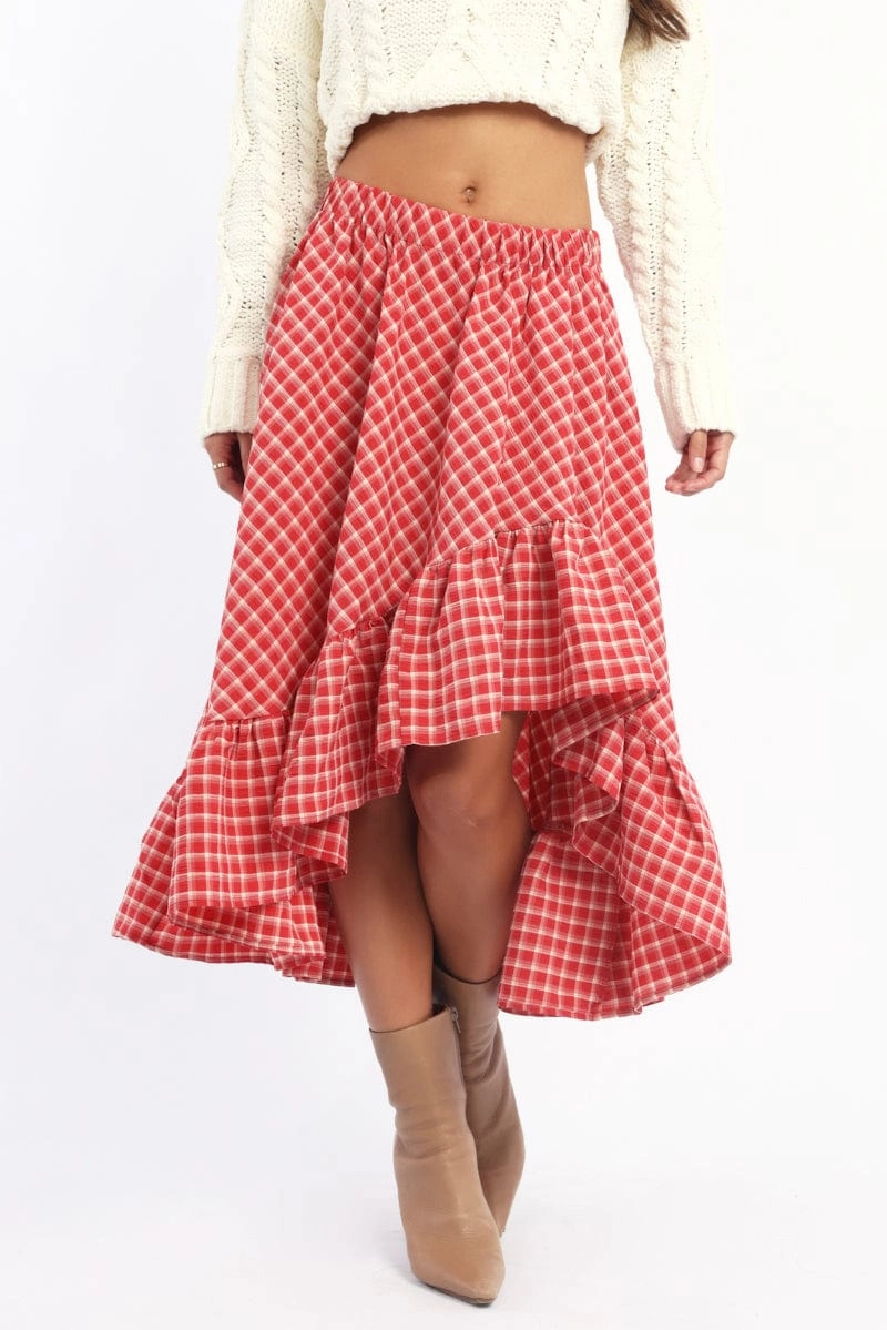 Red Check Asymmetric Midi Skirt Elastic Waist Frill Hem