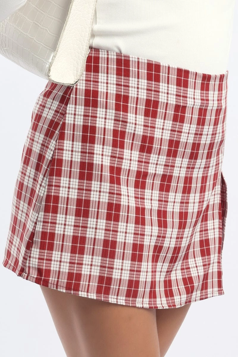 Red Check Mini Skort Skirt Mid Rise Tailored Lined