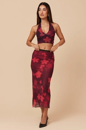 Red Floral Mesh Skirt Elasticated Lace Trim Midaxi