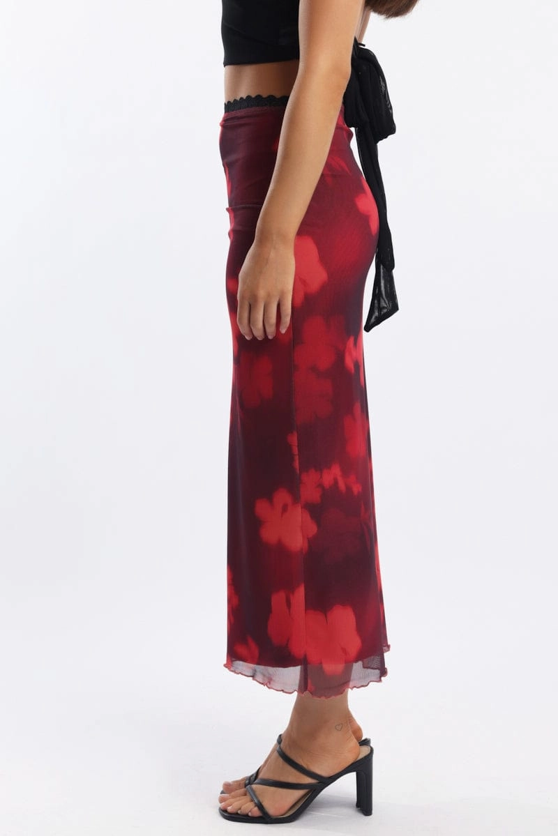 Red Floral Mesh Skirt Elasticated Lace Trim Midaxi