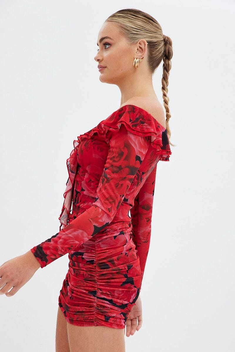 Red Floral Mini Skirt Side Ruched Mid Rise Mesh