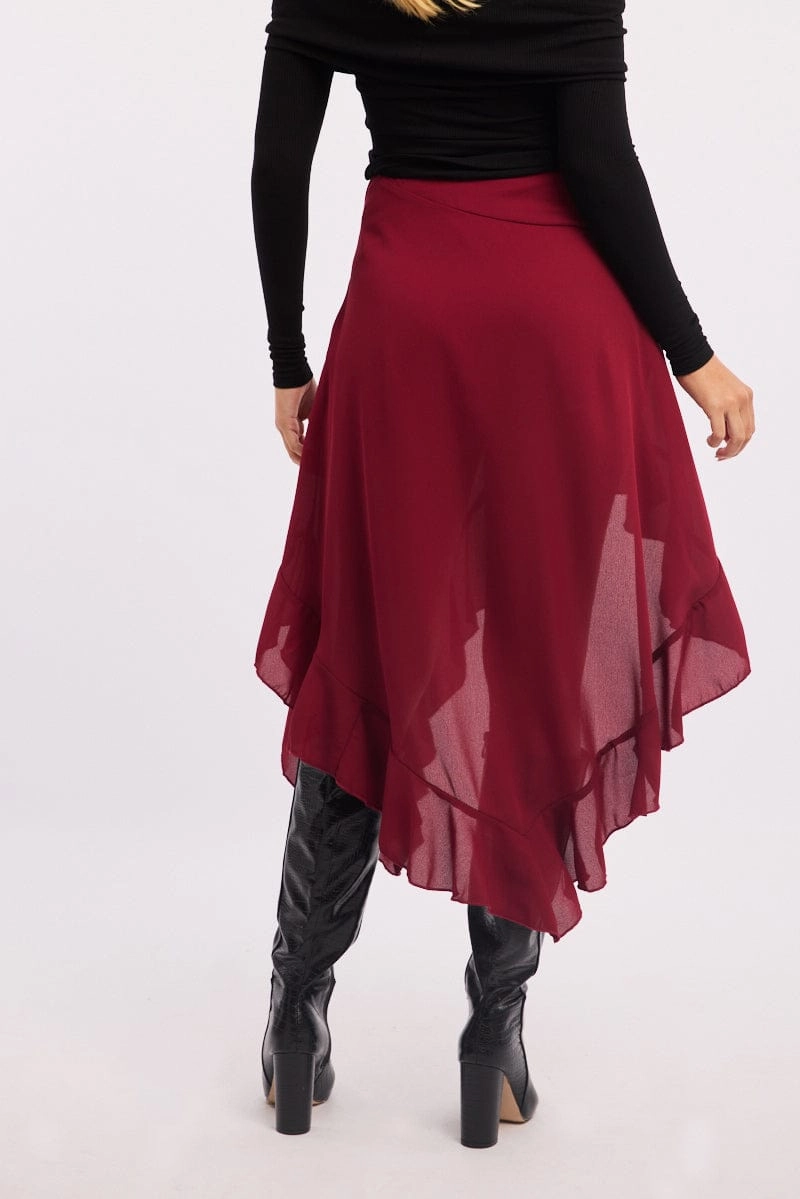 Red Frill Skirt High Waisted High Low Midi
