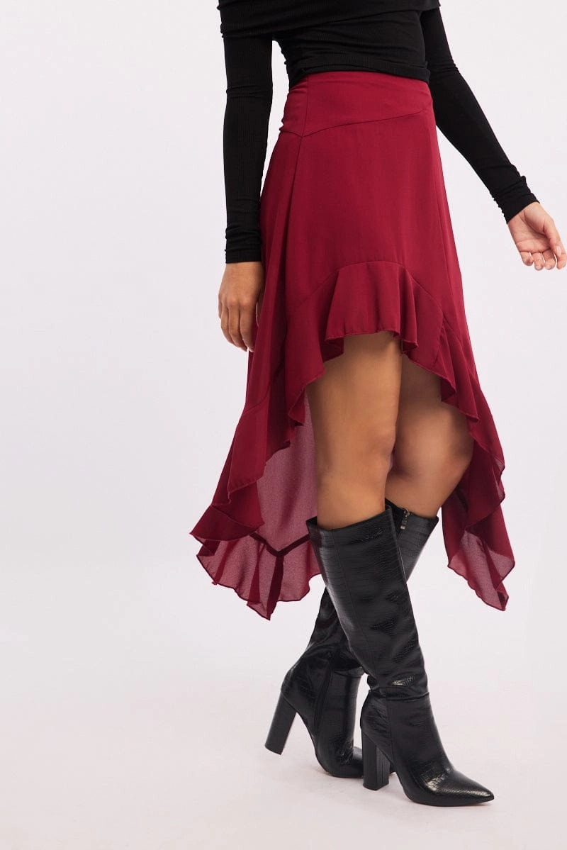 Red Frill Skirt High Waisted High Low Midi