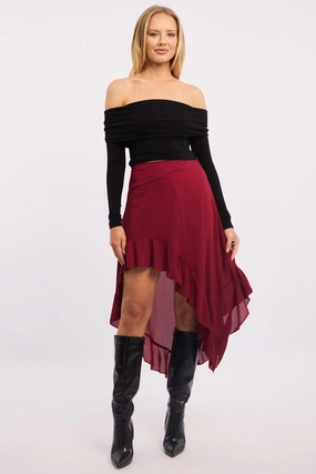 Red Frill Skirt High Waisted High Low Midi