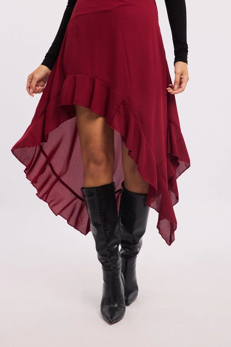 Red Frill Skirt High Waisted High Low Midi