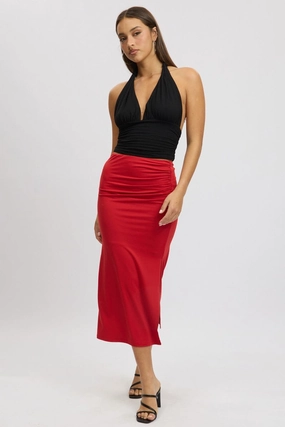 Red Midaxi Skirt High Rise Ruched Lined Supersoft