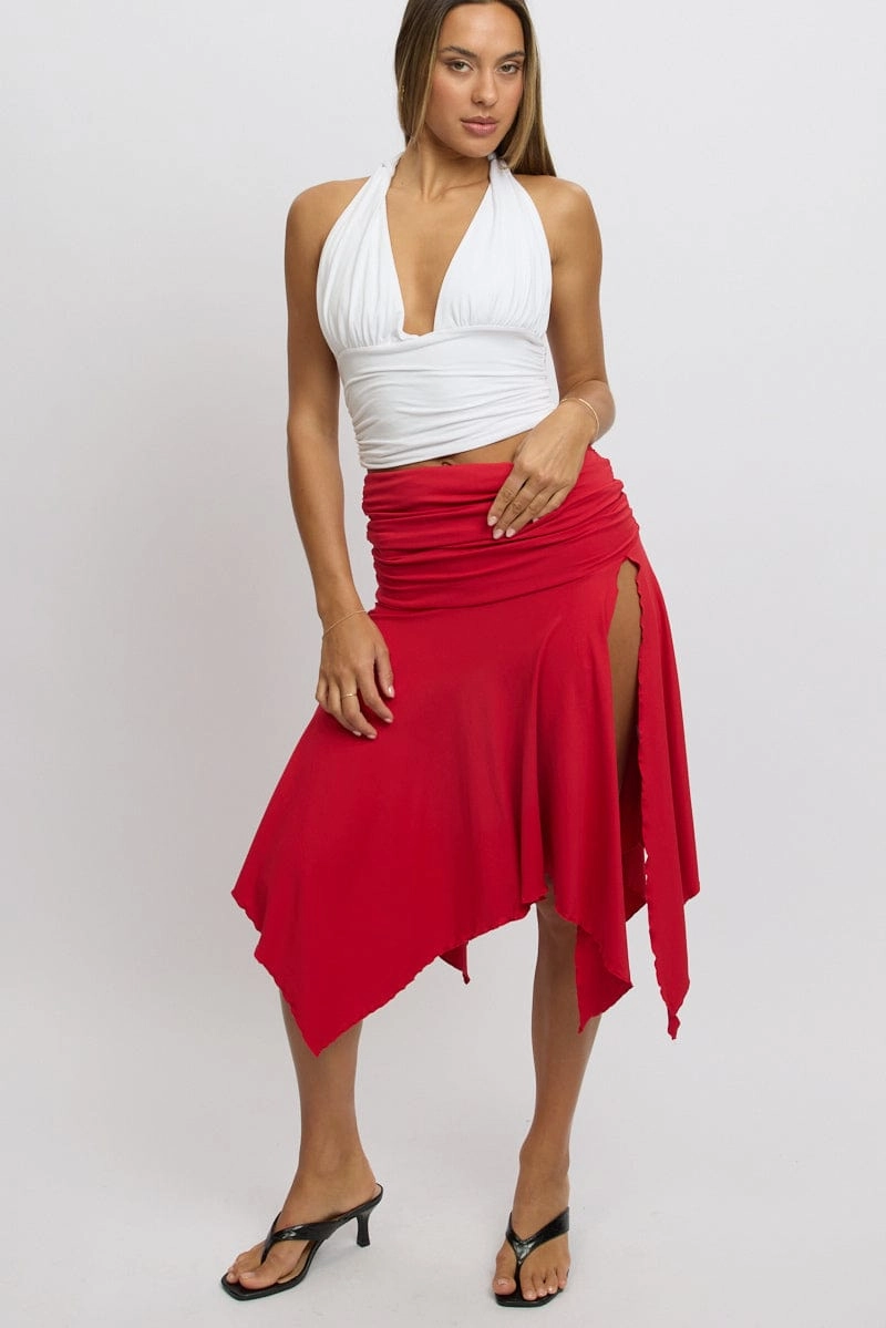 Red Scarf Hem Skirt High Rise Midi Asymm Supersoft