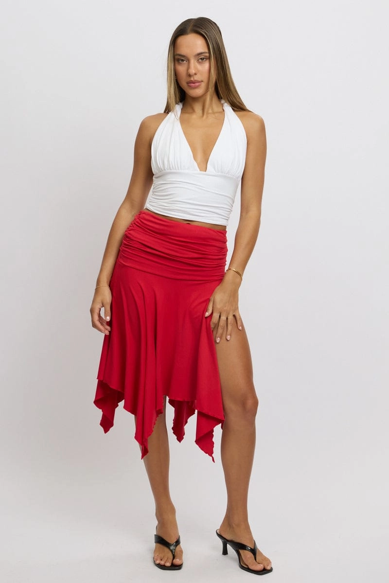 Red Scarf Hem Skirt High Rise Midi Asymm Supersoft