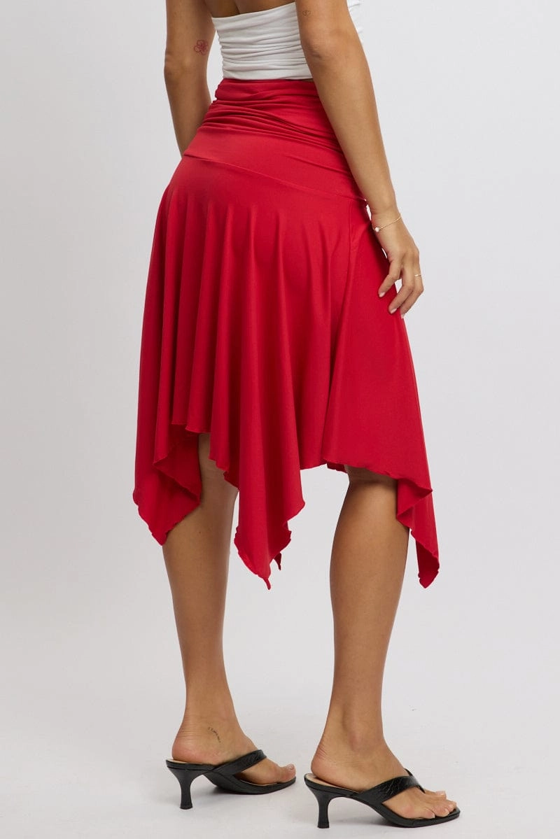 Red Scarf Hem Skirt High Rise Midi Asymm Supersoft