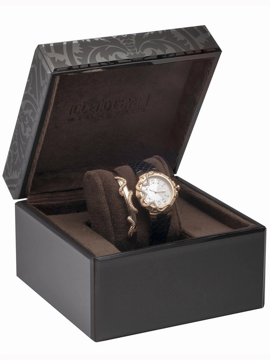 Roberto Cavalli SNAKE Womens Black Leather Rose Gold Watch RV1L069L0046