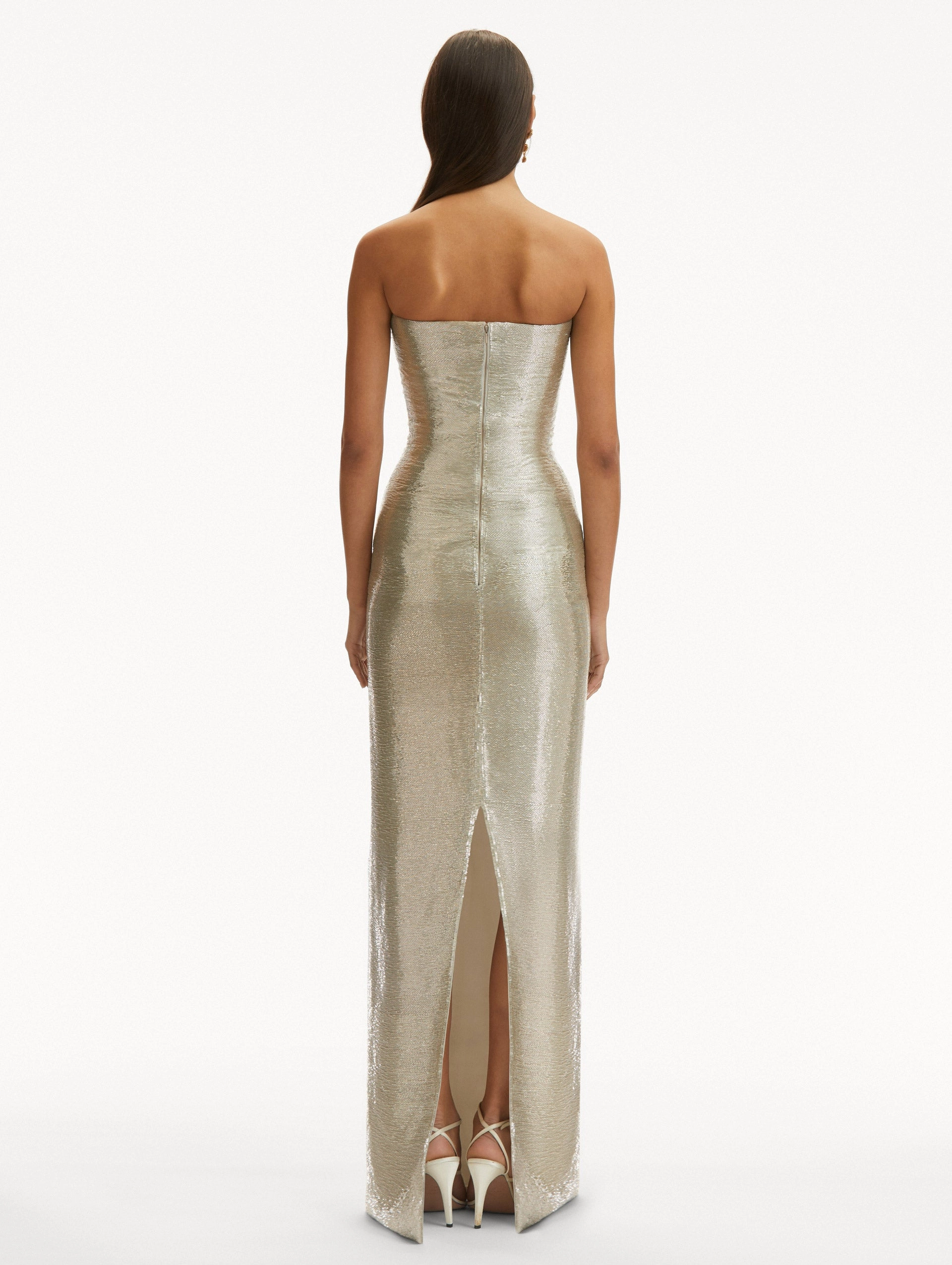 Rosette Bugle Bead Column Gown