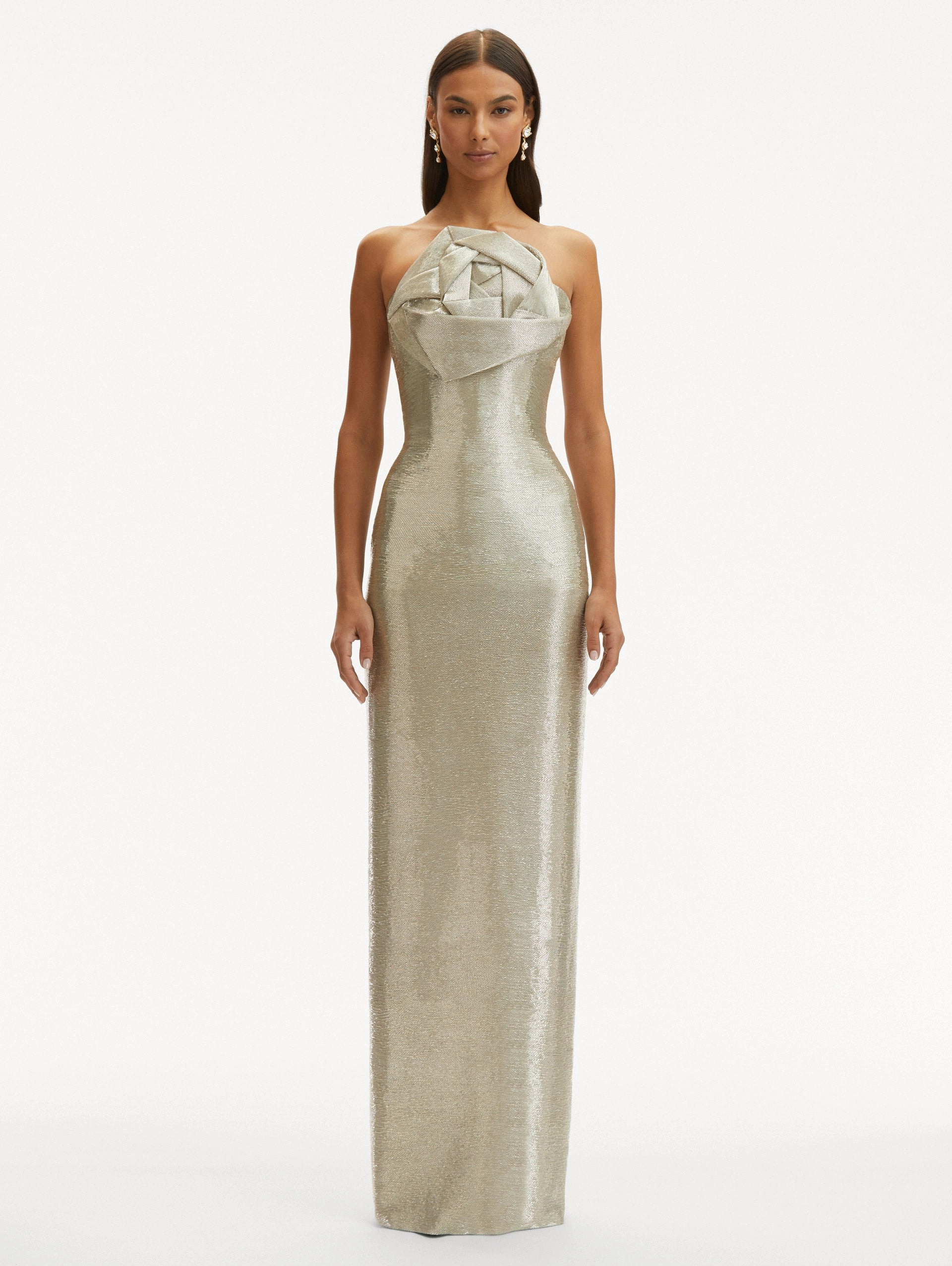 Rosette Bugle Bead Column Gown