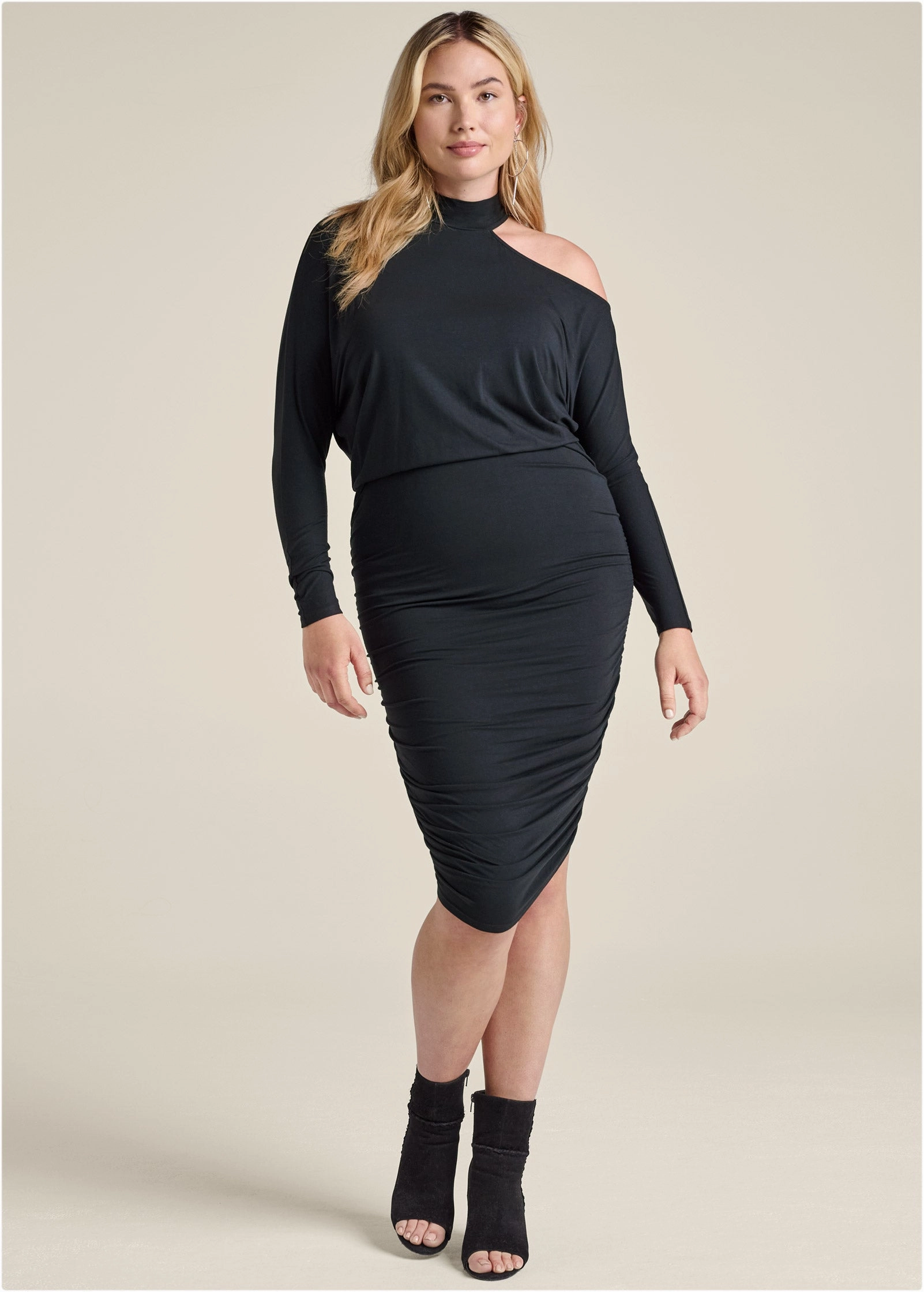 Ruched Midi Dress  - Black
