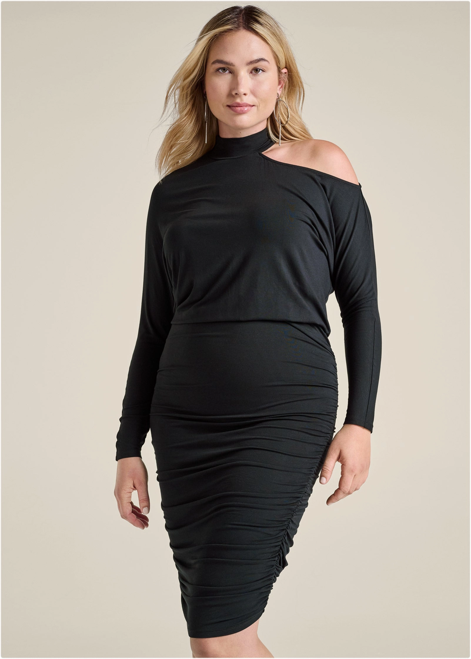 Ruched Midi Dress  - Black