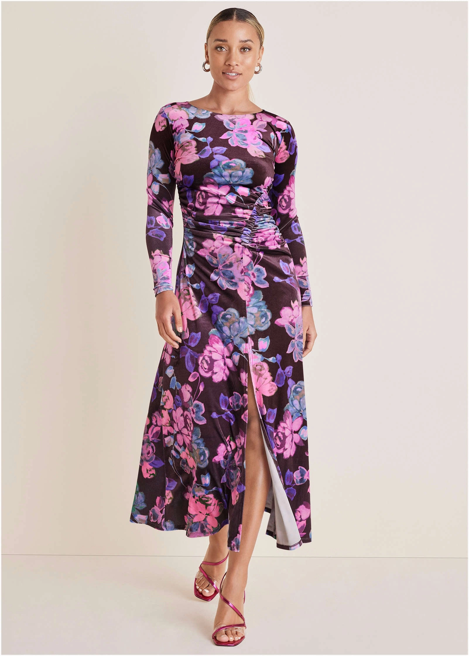 Ruched Velvet Maxi Dress - Electric Bouquet