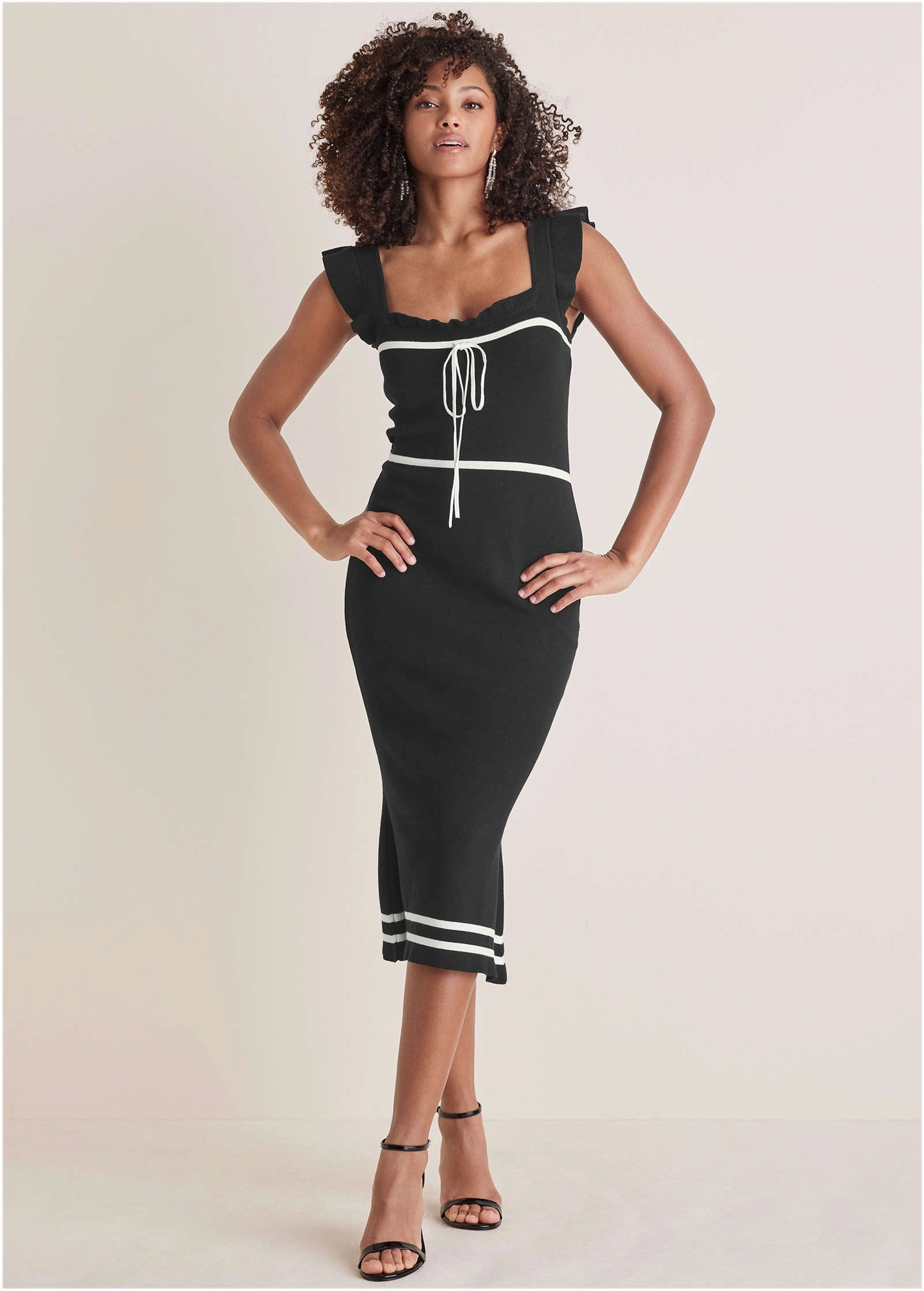 Ruffle Contrast Midi Dress - Black