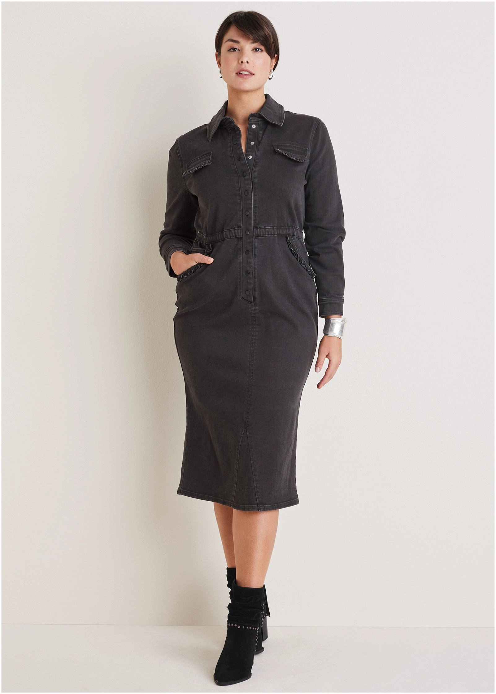 Ruffle Denim Midi Dress - Black Wash