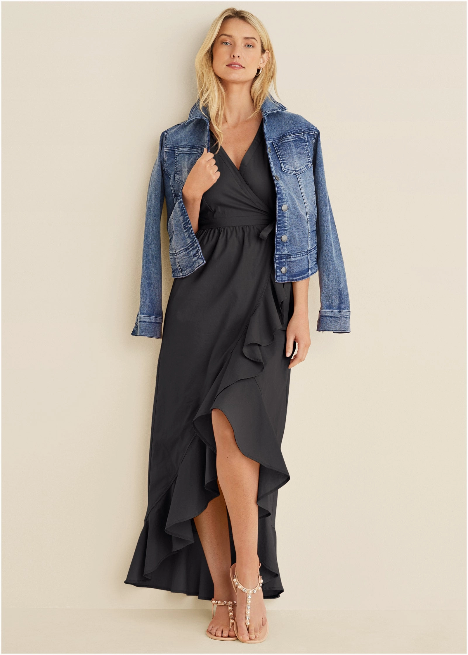 Ruffle High-Low Wrap Dress - Black
