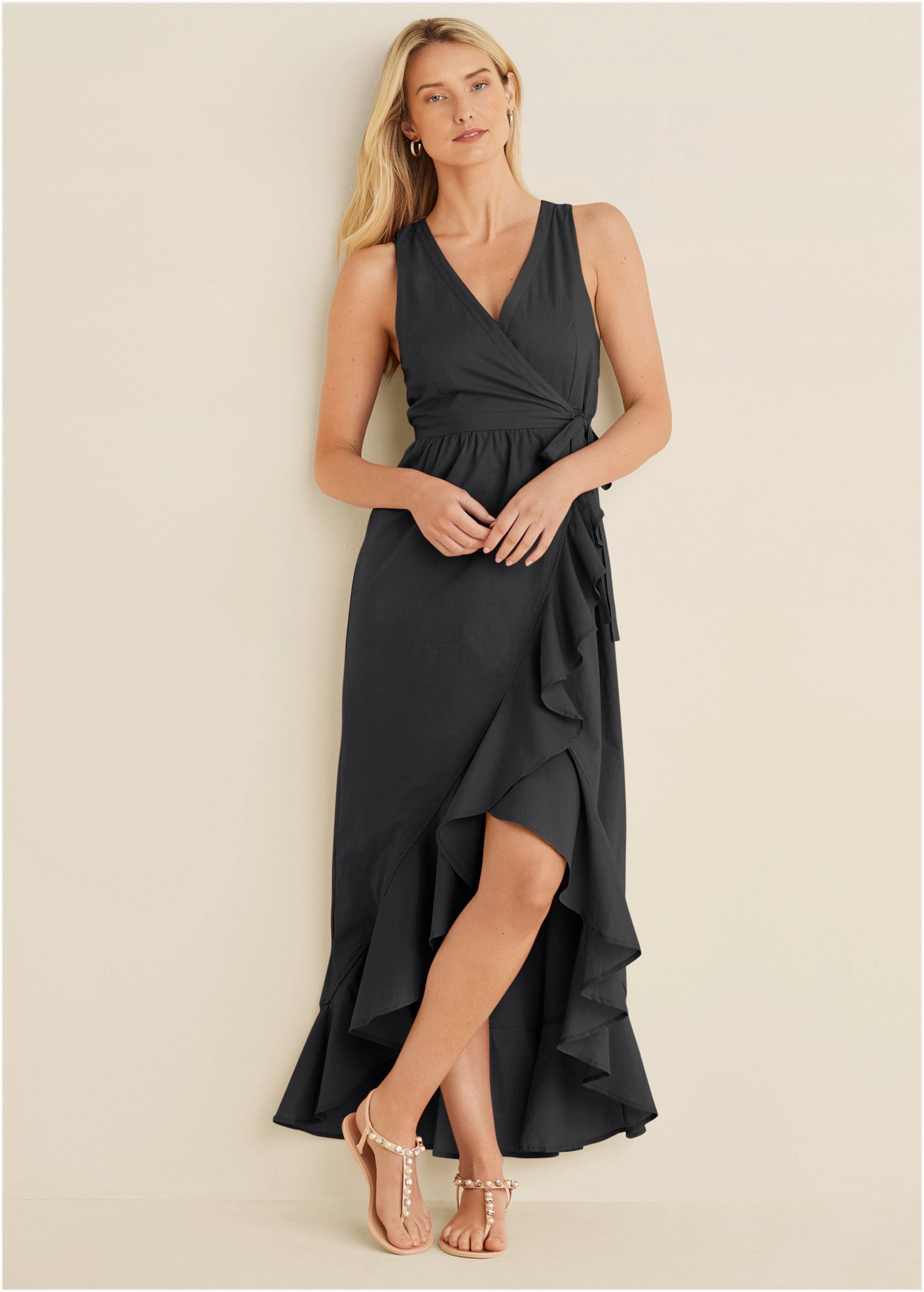 Ruffle High-Low Wrap Dress - Black