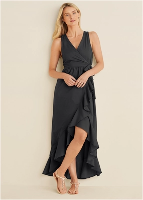 Ruffle High-Low Wrap Dress - Black