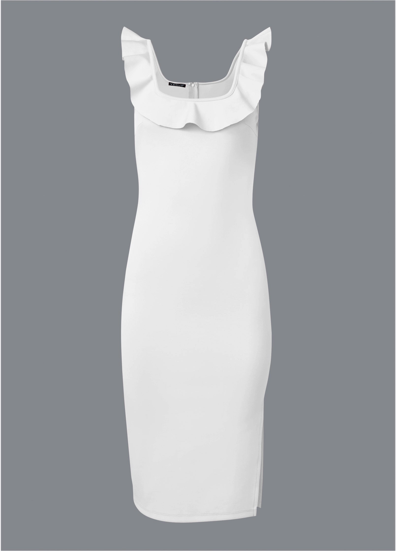 Ruffle Neck Midi Dress - White