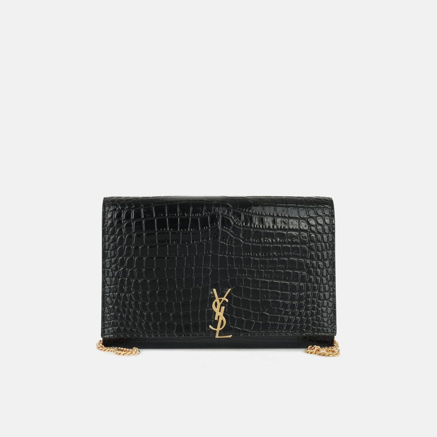 Saint Laurent - Cassandre Clutch on Chain - Black Croc Embossed Leather GHW - Pre-Loved