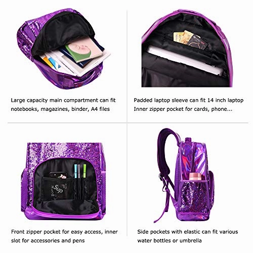 Sequin School Backpack for Girls Kids Cute Elementary Book Bag Teen Glitter Flip Sparkly Holographic Purple Back Pack