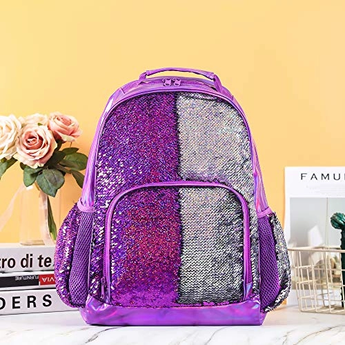 Sequin School Backpack for Girls Kids Cute Elementary Book Bag Teen Glitter Flip Sparkly Holographic Purple Back Pack