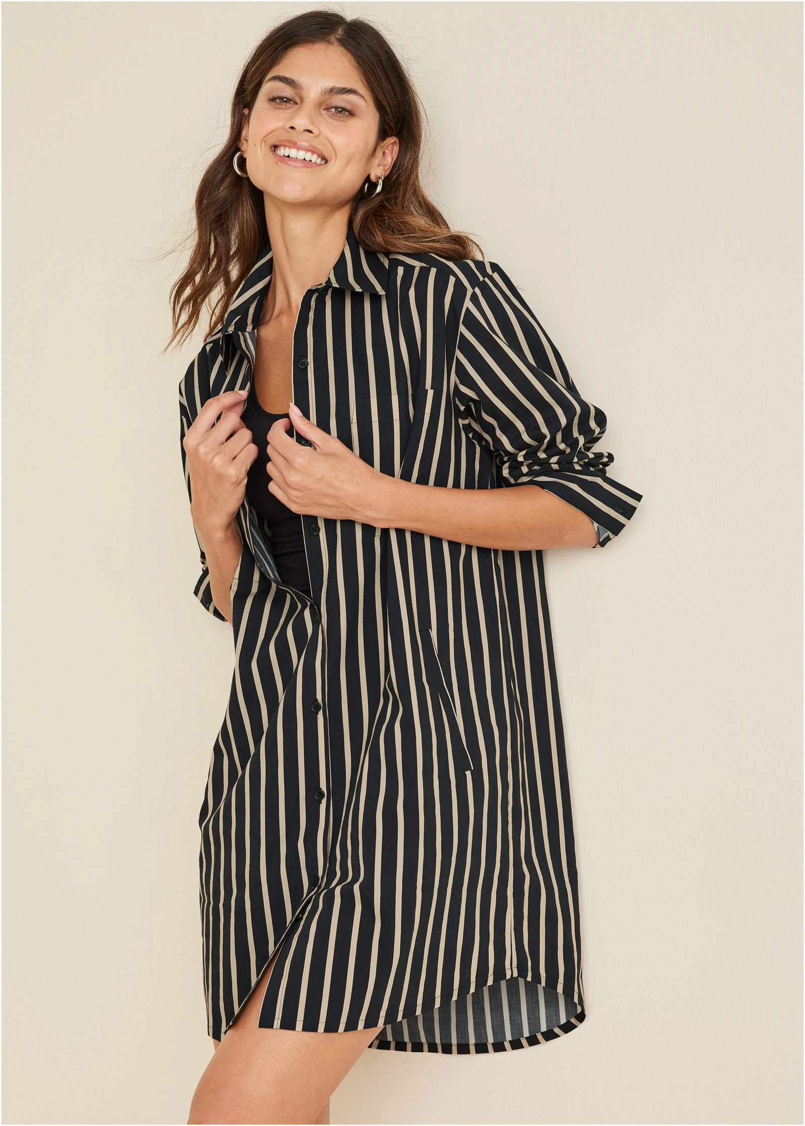 Shirt Dress - Tan Black Stripe