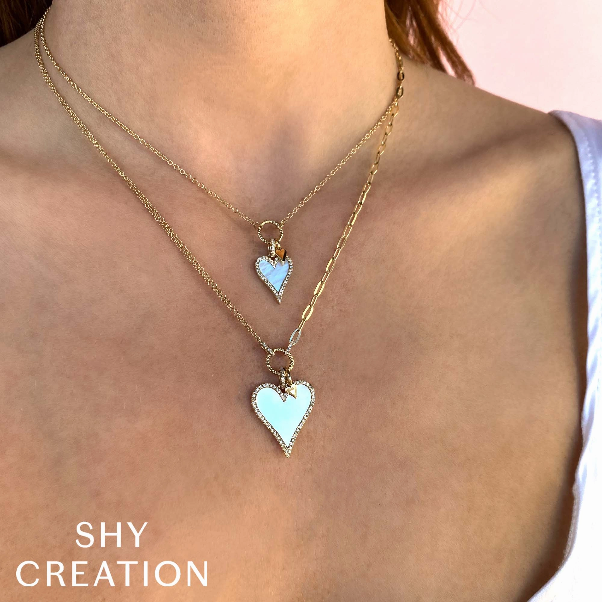 Shy Creation 0.20Ct Diamond & 2.07Ct Mother Of Pearl Heart Paper Clip Link Necklace SC55023860V2