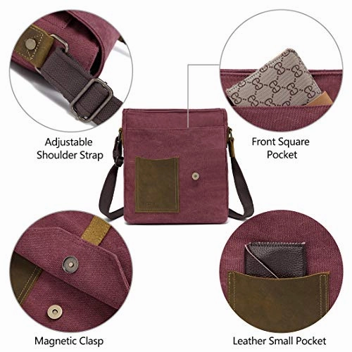 Small Messenger Bag for Women,VASCHY Vintage Canvas Leather Lightweight Crossbody Bag Burgundy