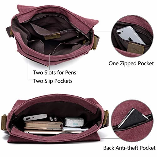 Small Messenger Bag for Women,VASCHY Vintage Canvas Leather Lightweight Crossbody Bag Burgundy
