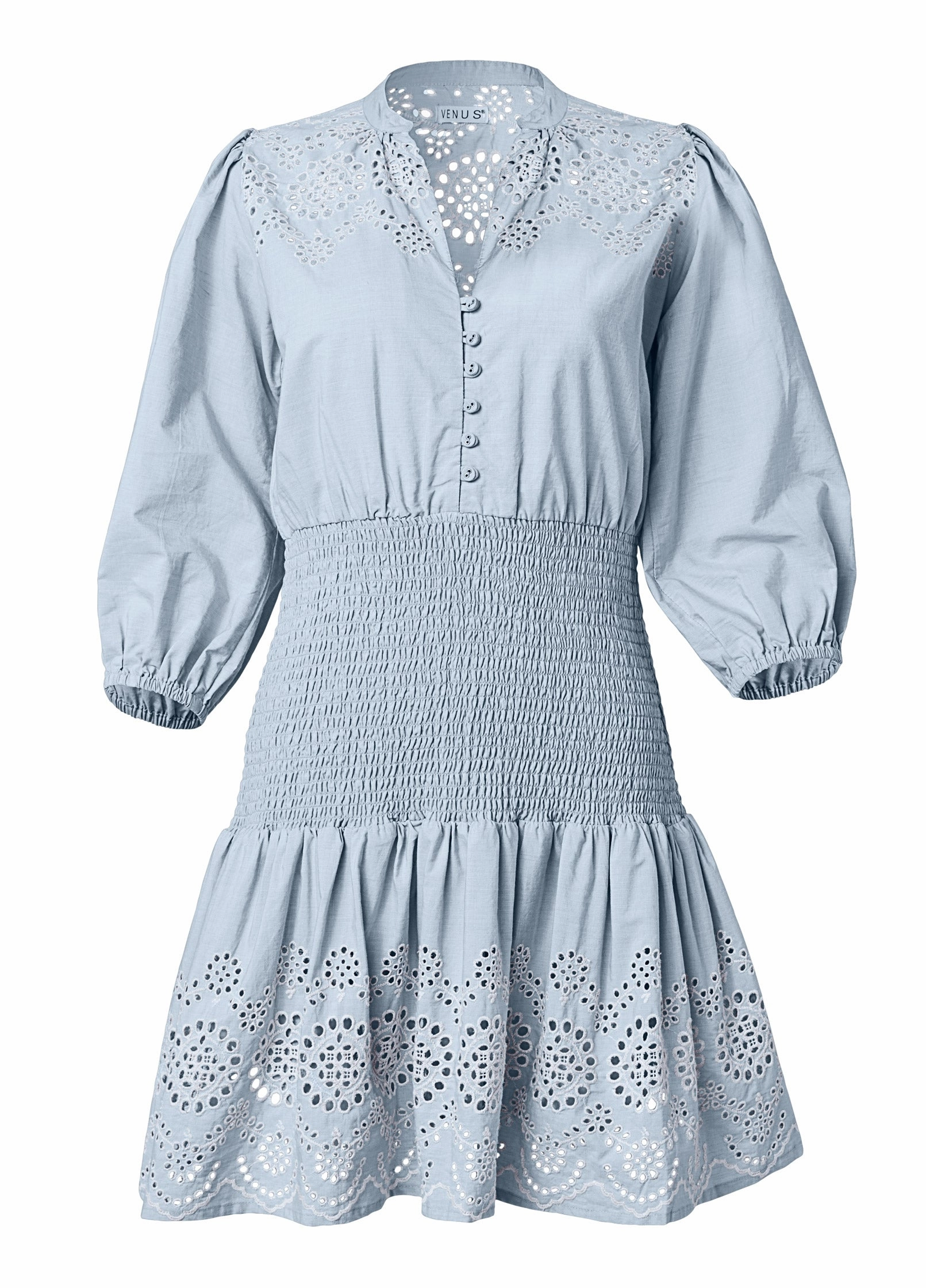 Smocked Waist Eyelet Dress - Light Blue & White