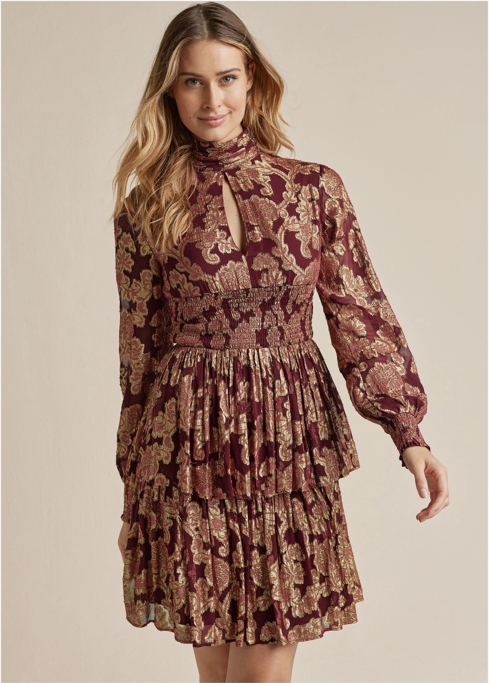 Smocked Waist Jaquard Mini Dress - Wine & Gold