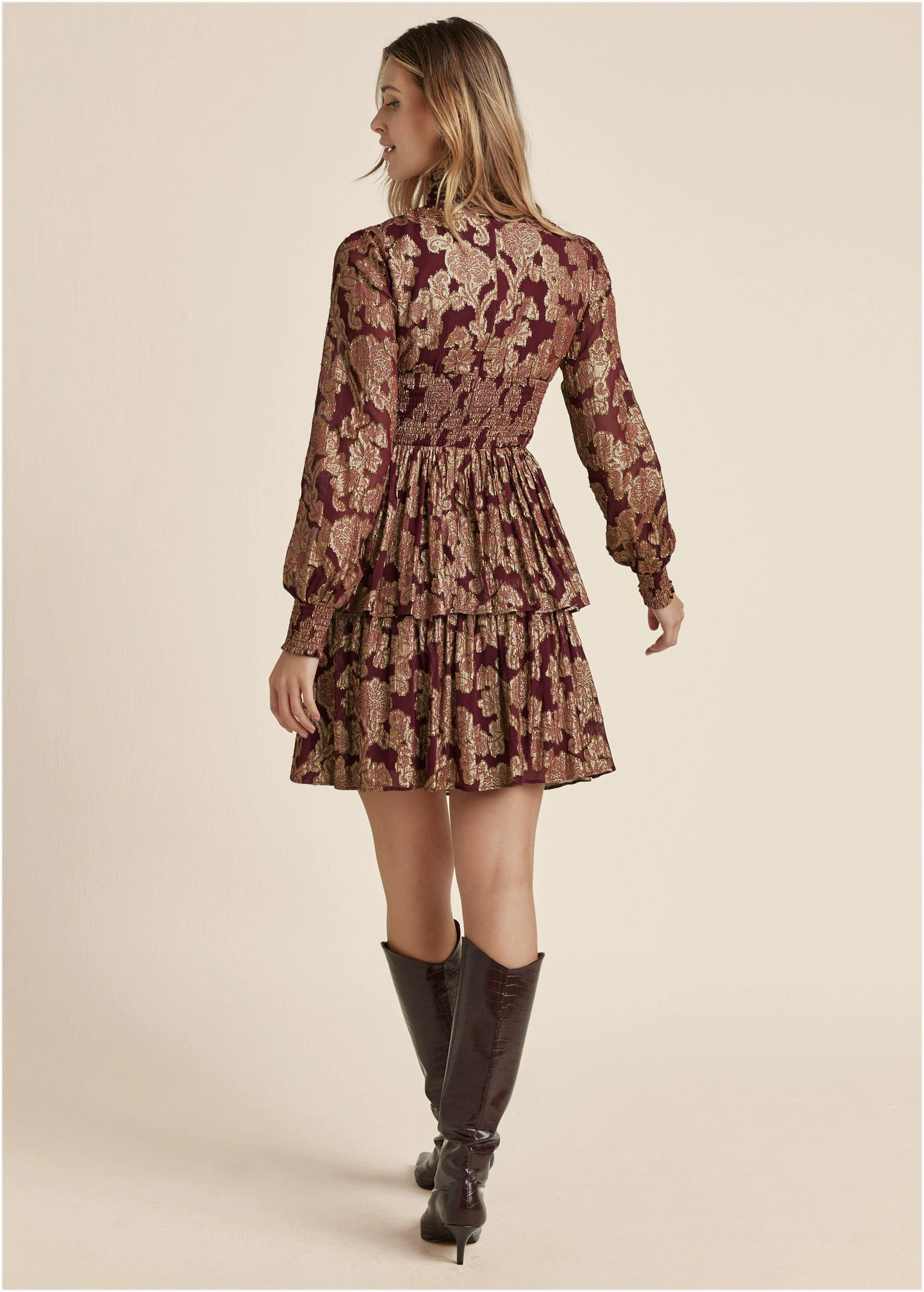 Smocked Waist Jaquard Mini Dress - Wine & Gold